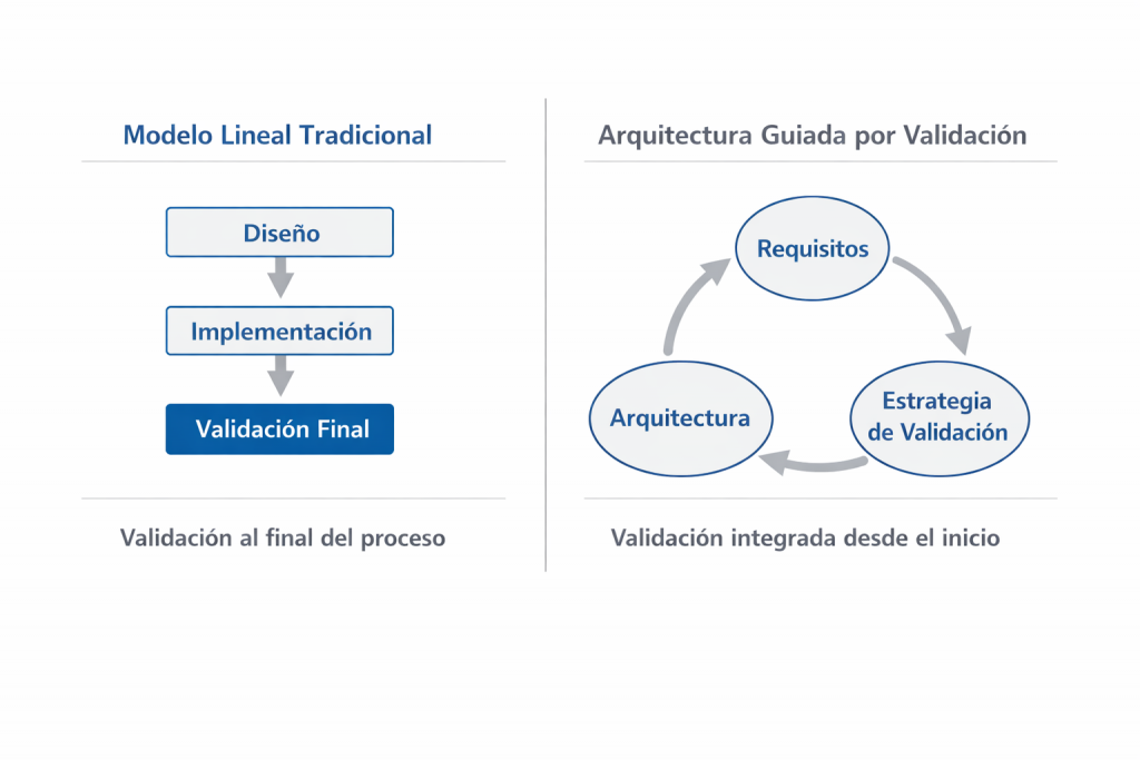 Comparación entre modelo lineal tradicional y modelo de arquitectura guiada por validación.