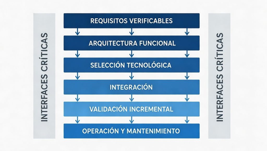 Modelo por capas en ingeniería de sistemas industrial con requisitos verificables, arquitectura funcional, selección tecnológica, integración, validación incremental y operación, destacando las interfaces críticas.