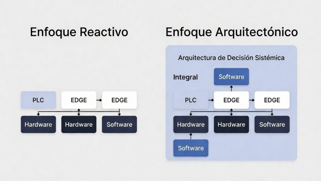 Comparación entre enfoque reactivo basado en conexión de tecnologías y enfoque arquitectónico estructurado con arquitectura de decisión sistémica.